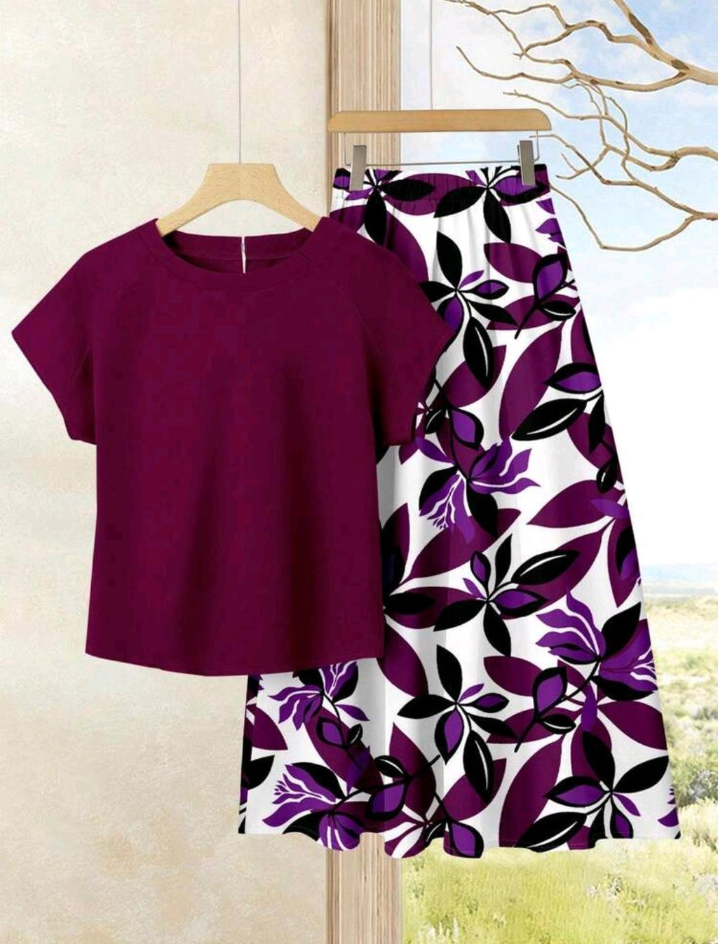 Conjunto de 2 piezas de falda con estampado y blusa color vinotinto