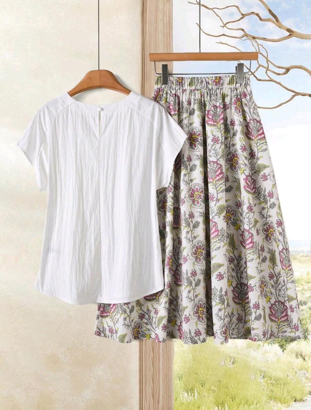Rusticease Conjunto de 2 piezas de vestido casual de manga corta con estampado floral para mujer