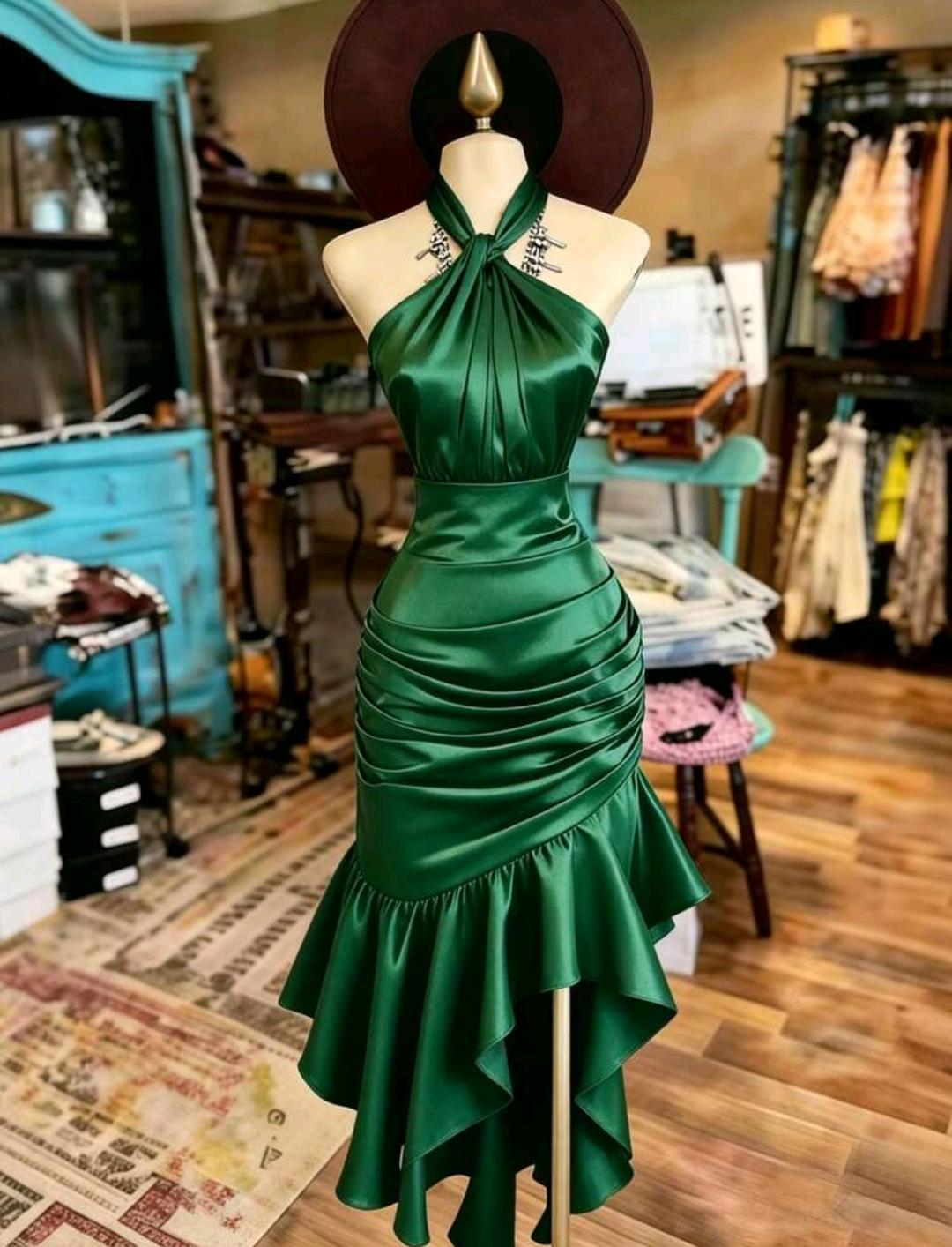 Vestido elegante con cuello halter y volantes | Bajo pedido