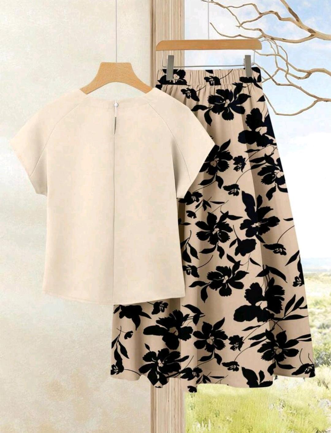 Rusticease Set de 2 piezas  top de unicolor + falda estampada para vacaciones casuales de mujer, conjunto de verano.