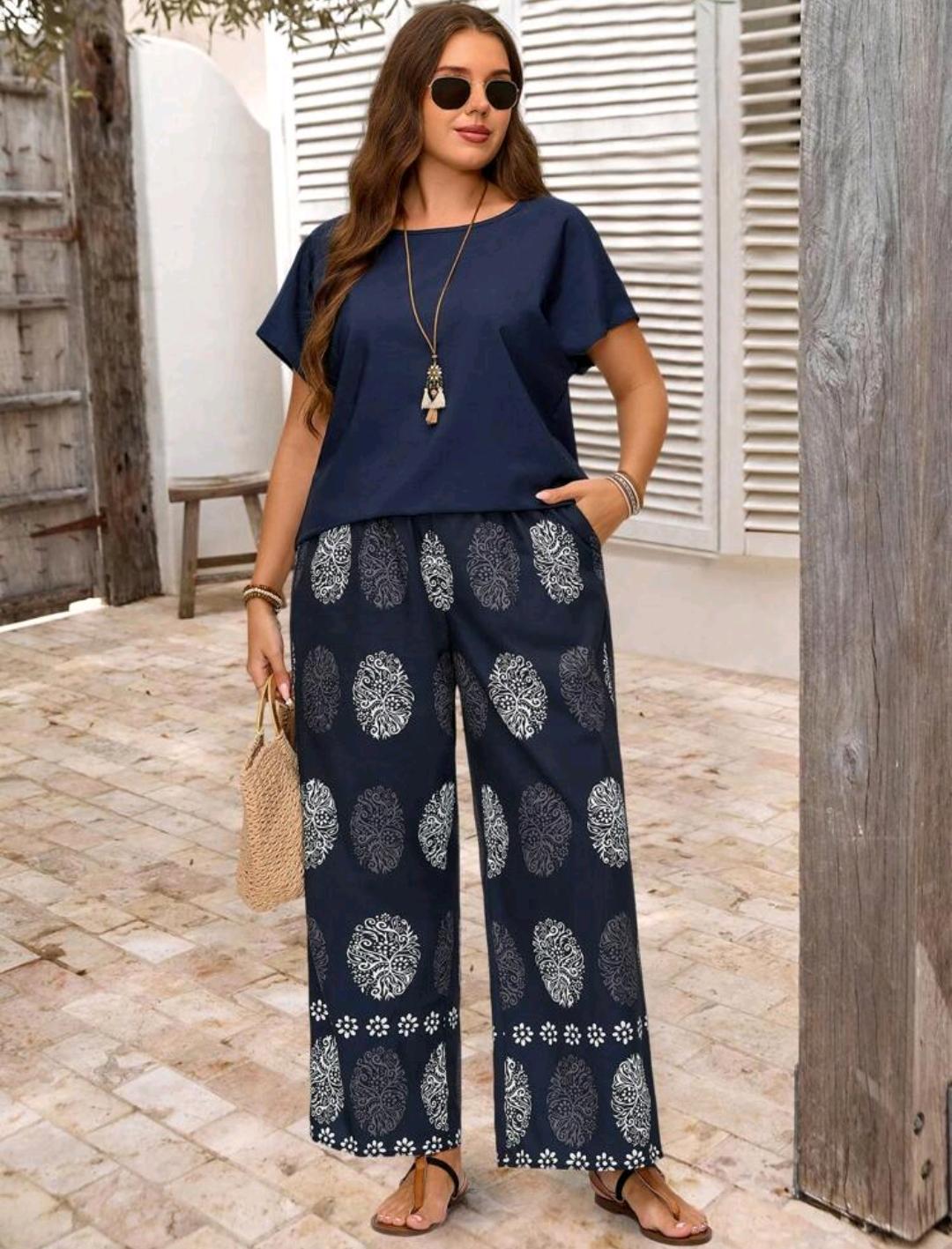 EMERY ROSE Conjunto de dos piezas  cuello redondo,  con posicionamiento de flores en azul, pantalón, adecuado para primavera y verano, estilo boho, tallas grandes para mujer.
