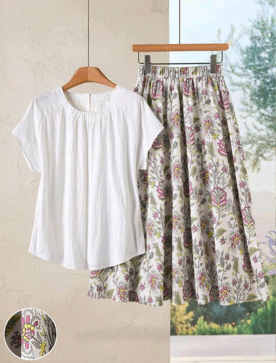 Rusticease Conjunto de 2 piezas de vestido casual de manga corta con estampado floral para mujer
