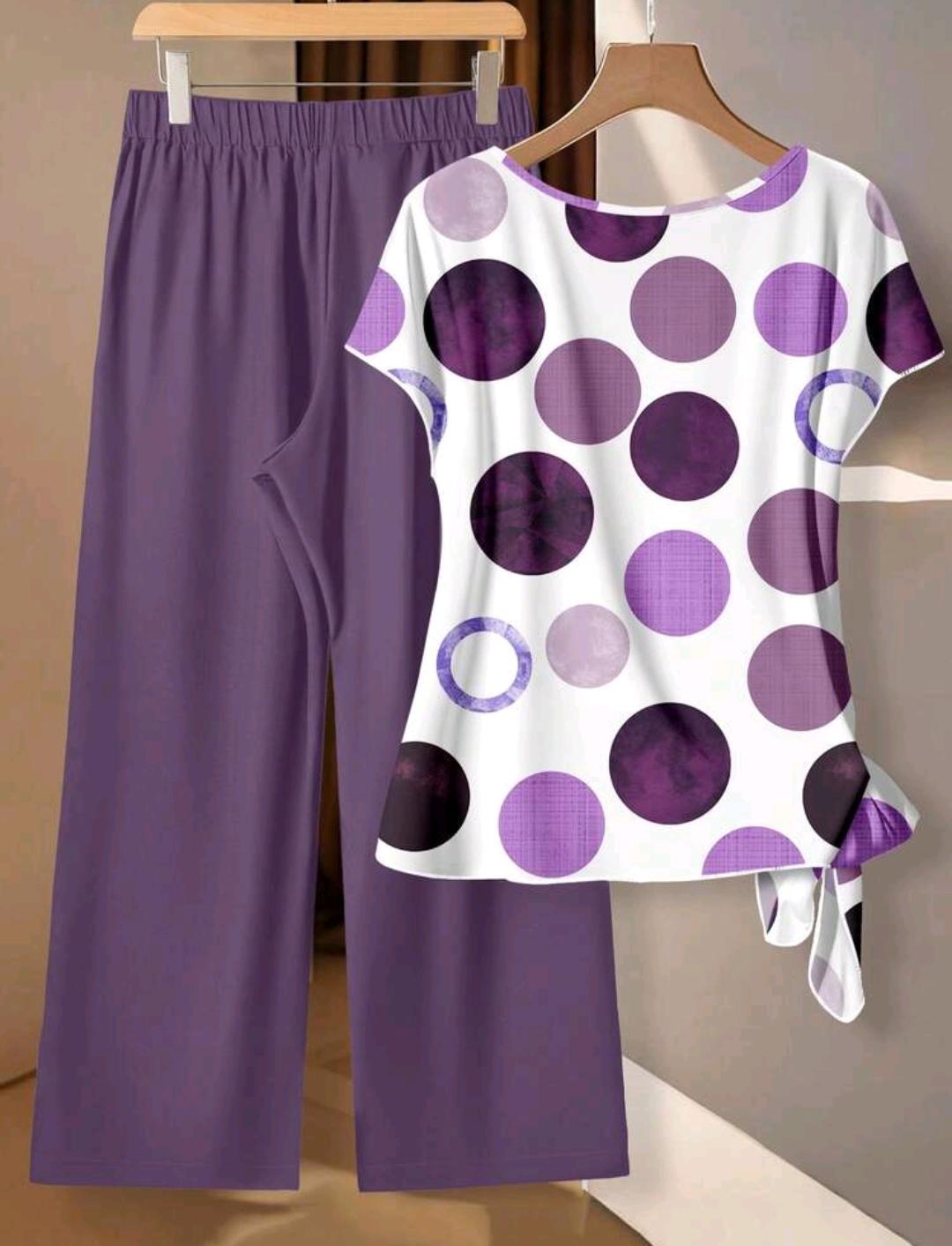 Set de 2 piezas: Blusa con nudo delantero y estampado de lunares, y pantalones rectos relajados, adecuado para vacaciones de primavera/verano