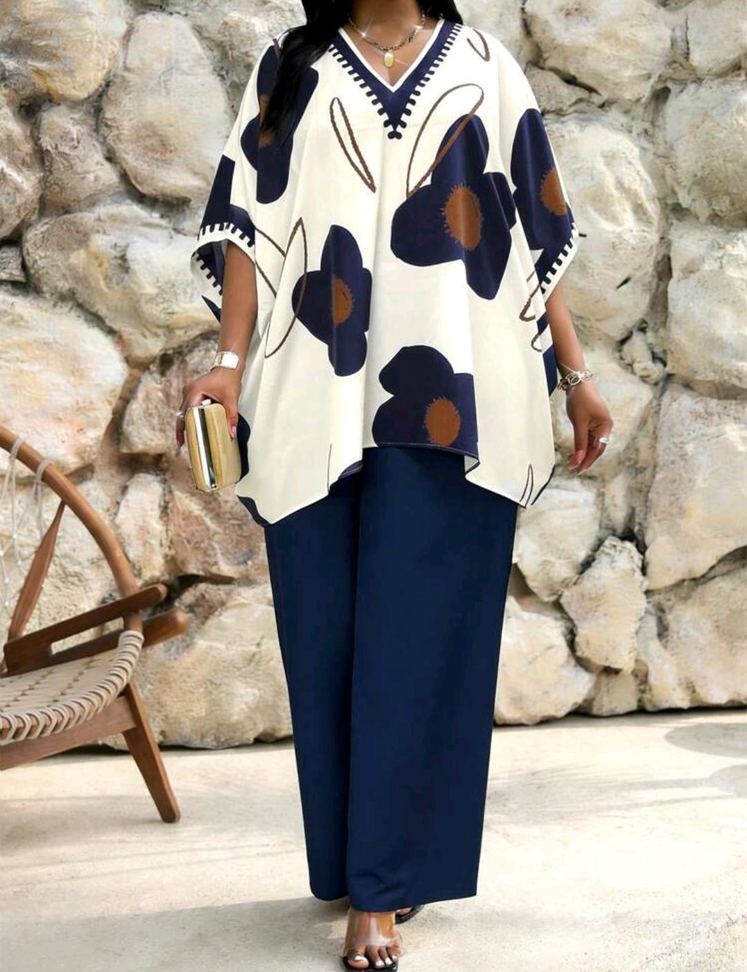 SHEIN Lady Conjunto de 2 piezas de talla grande con estampado vintage, suelto y elegante. Conjunto de 2 piezas de verano estilo bohemio modesto.