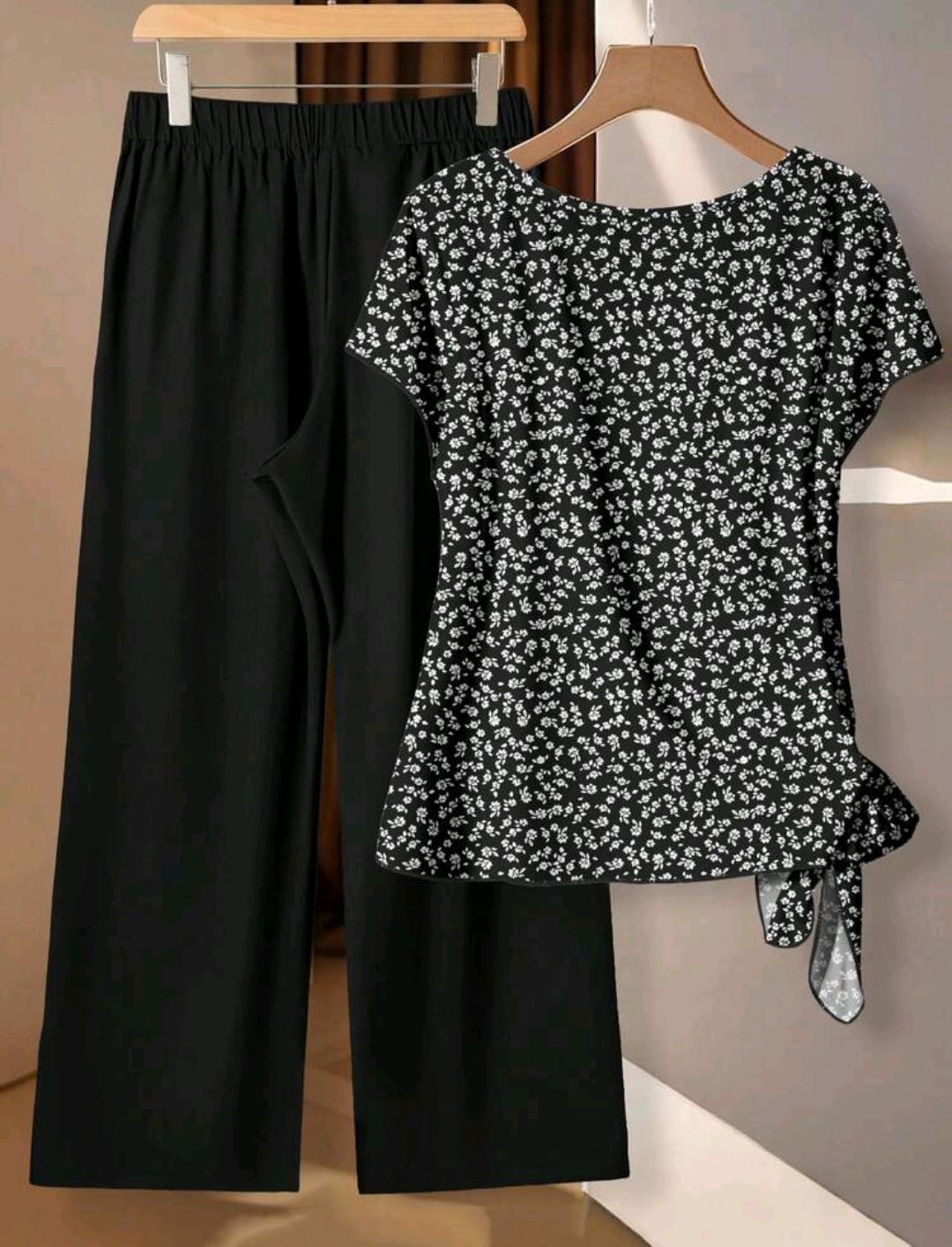 Conjunto de 2 piezas de blusa con lazo y pantalones rectos para mujer