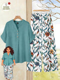 2 piezas, blusa azul-verde combinada con pantalon estampado con un patrón floral geométrico vibrante, adecuado para mujeres de talla grande