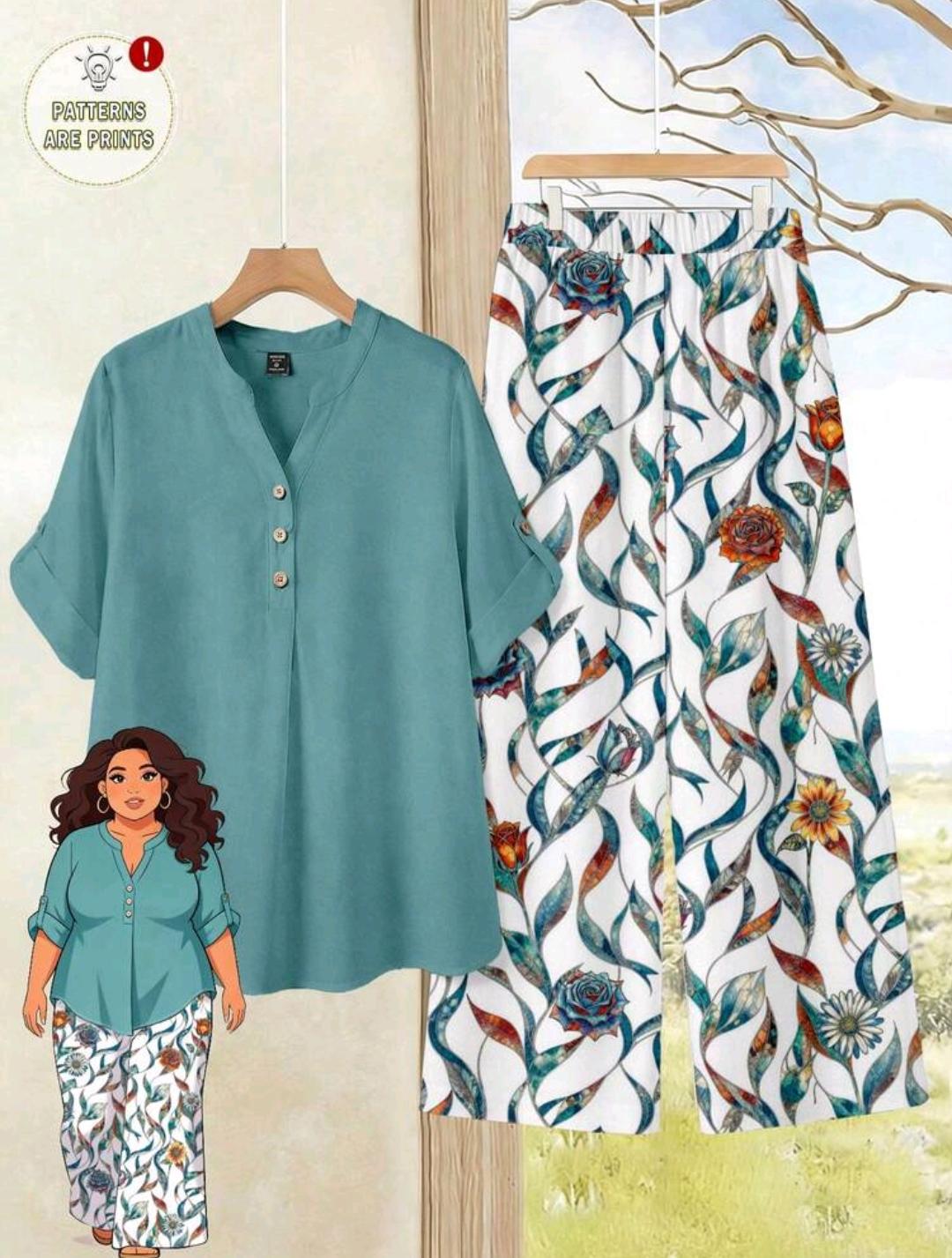 2 piezas, blusa azul-verde combinada con pantalon estampado con un patrón floral geométrico vibrante, adecuado para mujeres de talla grande
