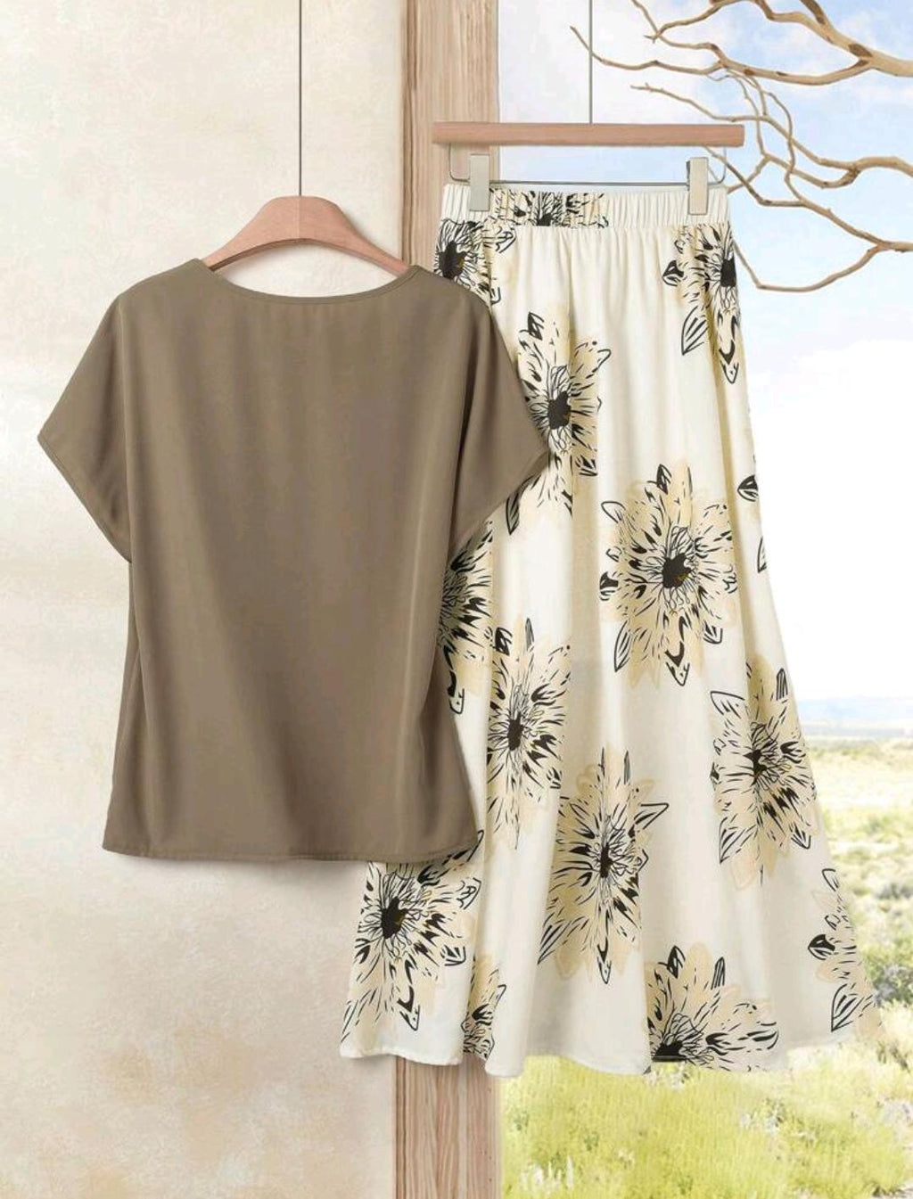 Set de 2 piezas: Blusa unicolor y falda con estampado floral, conjunto de 2 piezas para vacaciones en la playa.