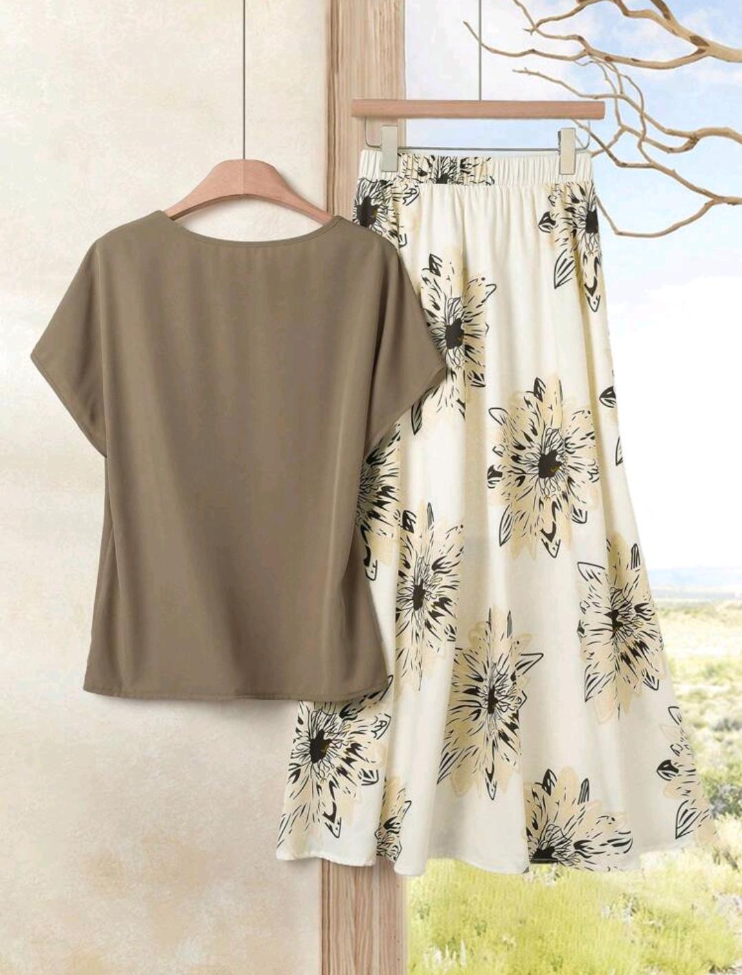 Set de 2 piezas: Blusa unicolor y falda con estampado floral, conjunto de 2 piezas para vacaciones en la playa.