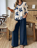 Conjunto de 2 piezas de blusa de manga corta con cuello en V y estampado floral, y pantalones holgados, ropa casual de vacaciones, primavera/verano