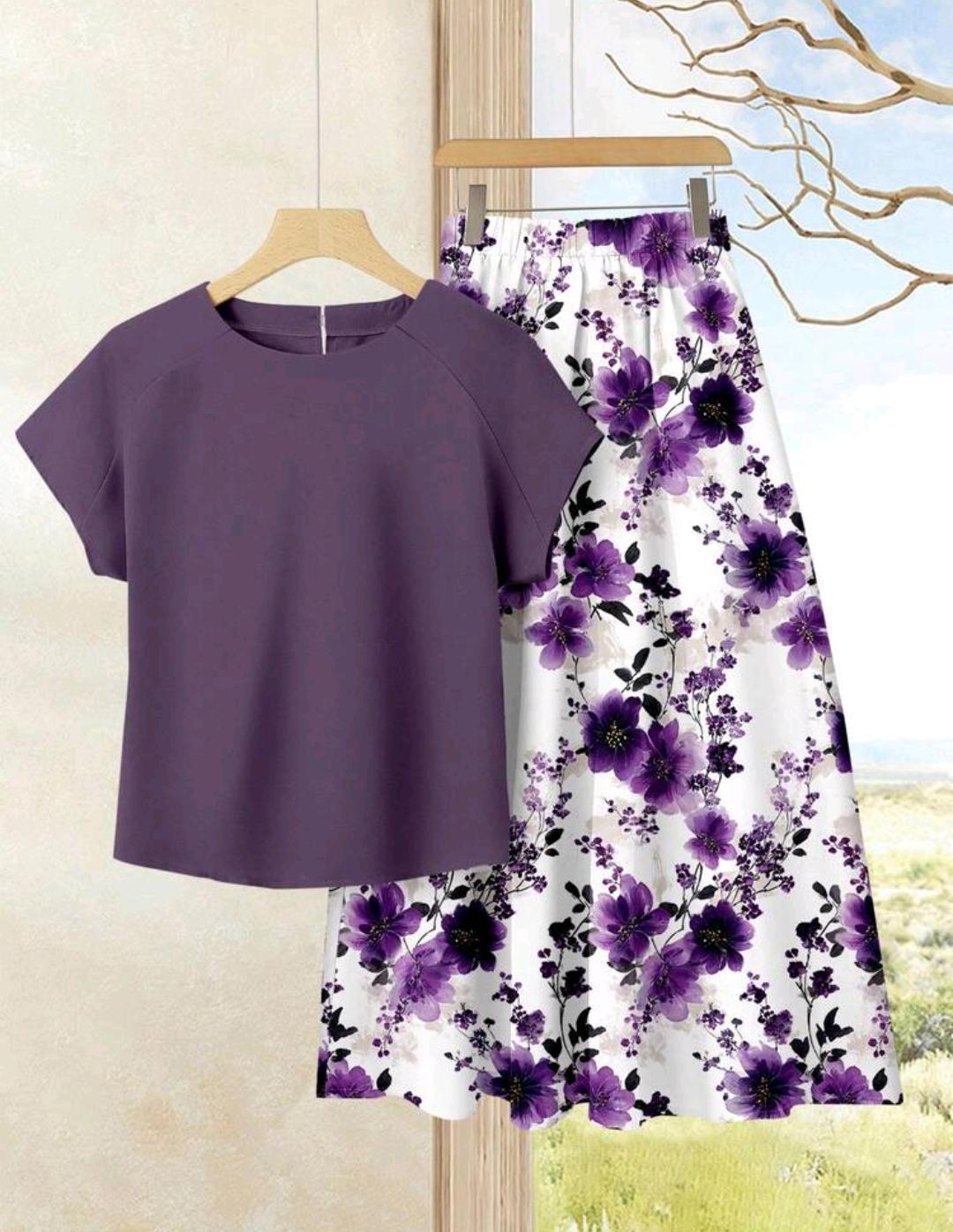 Rusticease 2 piezas Conjunto casual de verano para mujer con parte superior de unicolor + falda estampado floral.