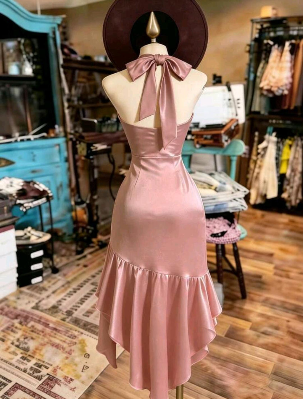 Vestido elegante con cuello halter y volantes | Bajo pedido