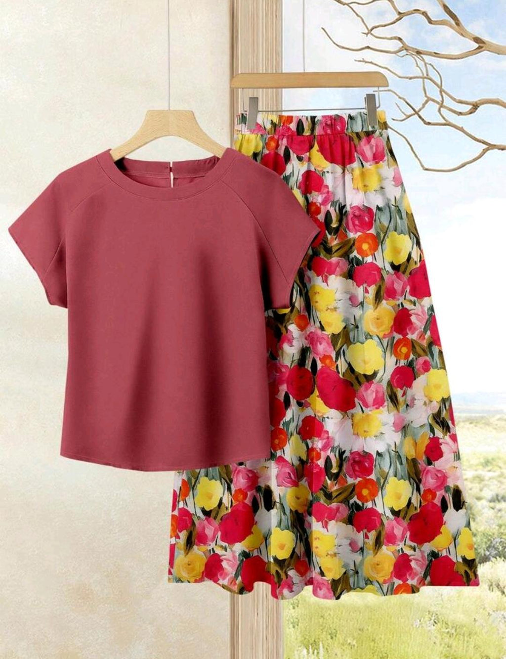 Conjunto de 2 piezas de falda con estampado floral y blusa unicolor