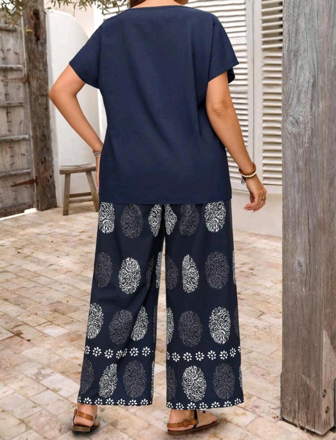 EMERY ROSE Conjunto de dos piezas  cuello redondo,  con posicionamiento de flores en azul, pantalón, adecuado para primavera y verano, estilo boho, tallas grandes para mujer.