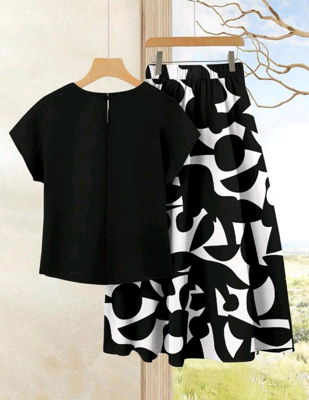 Rusticease 2 piezas Conjunto de top casual de unicolor + falda con estampado geométrico blanco y negro para vacaciones de verano.