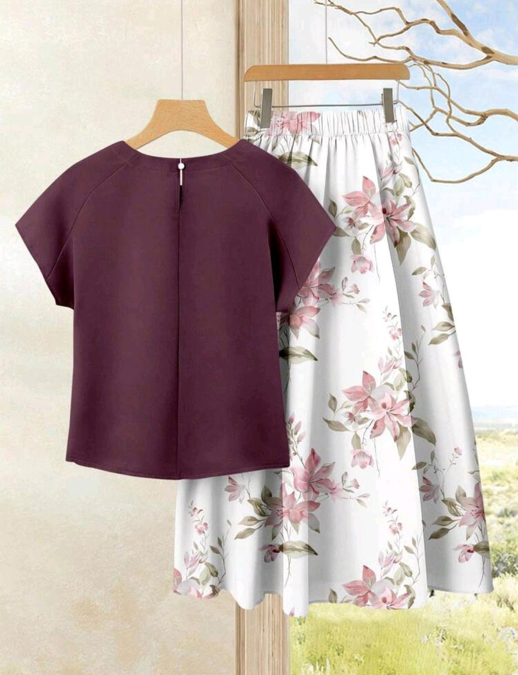2 piezas Conjunto de blusa casual de unicolor + falda estampado floral.