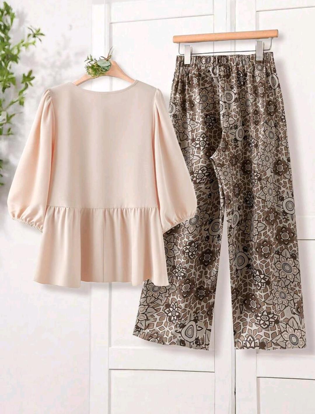 Conjunto de Camisa y Pantalon con Mangas de Linterna y volantes en el bajo con estampado floral rosa para Mujer talla grande, atuendo bohemio de otoño para vacaciones y festividades, conjunto de 2 piezas de ropa casual de verano y primavera