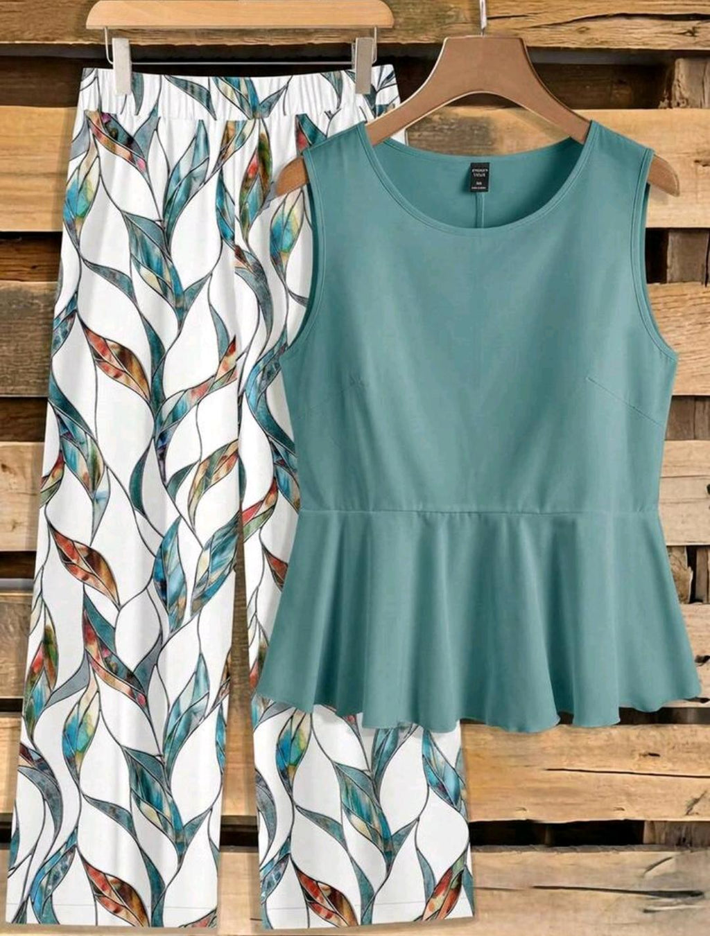 SHEIN LUNE 2 piezas/Set top de cuello redondo+pantalones rectos sueltos para mujer talla grande, estampado geométrico abstracto casual.
