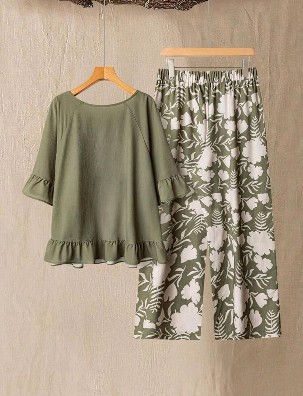 Linhara Conjunto de 2 piezas para mujer talla grande: Camisa con volantes en el dobladillo y pantalones casuales estampados, para primavera/verano