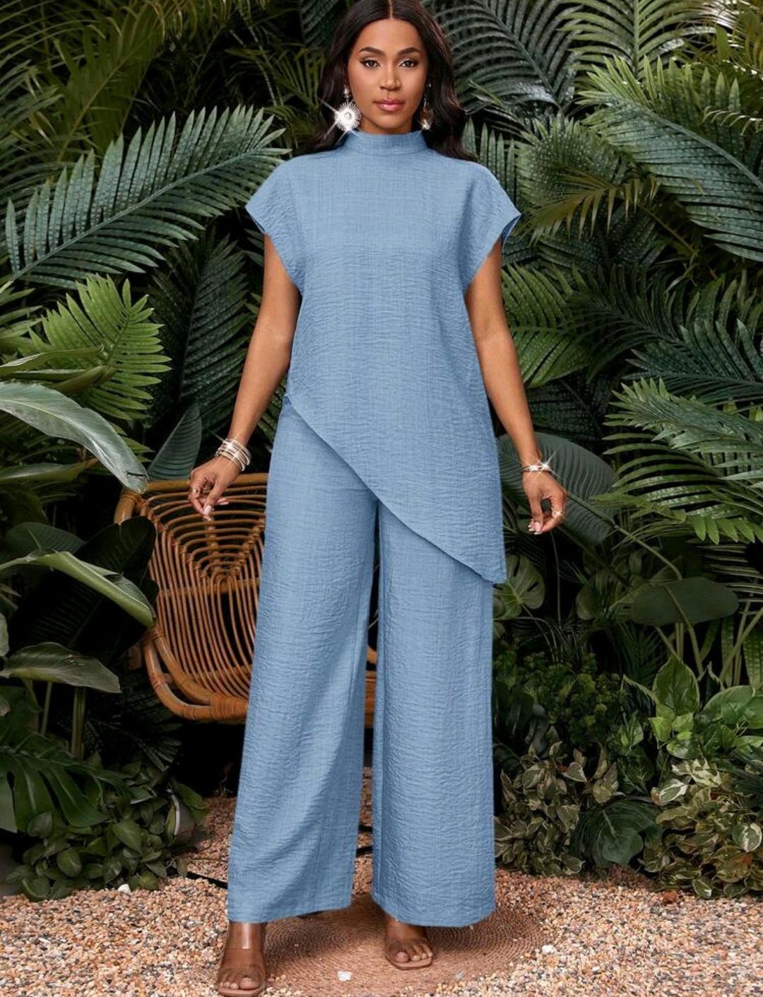 Conjunto de 2 piezas de top y pantalones de unicolor con bajo asimétrico para vacaciones de mujer