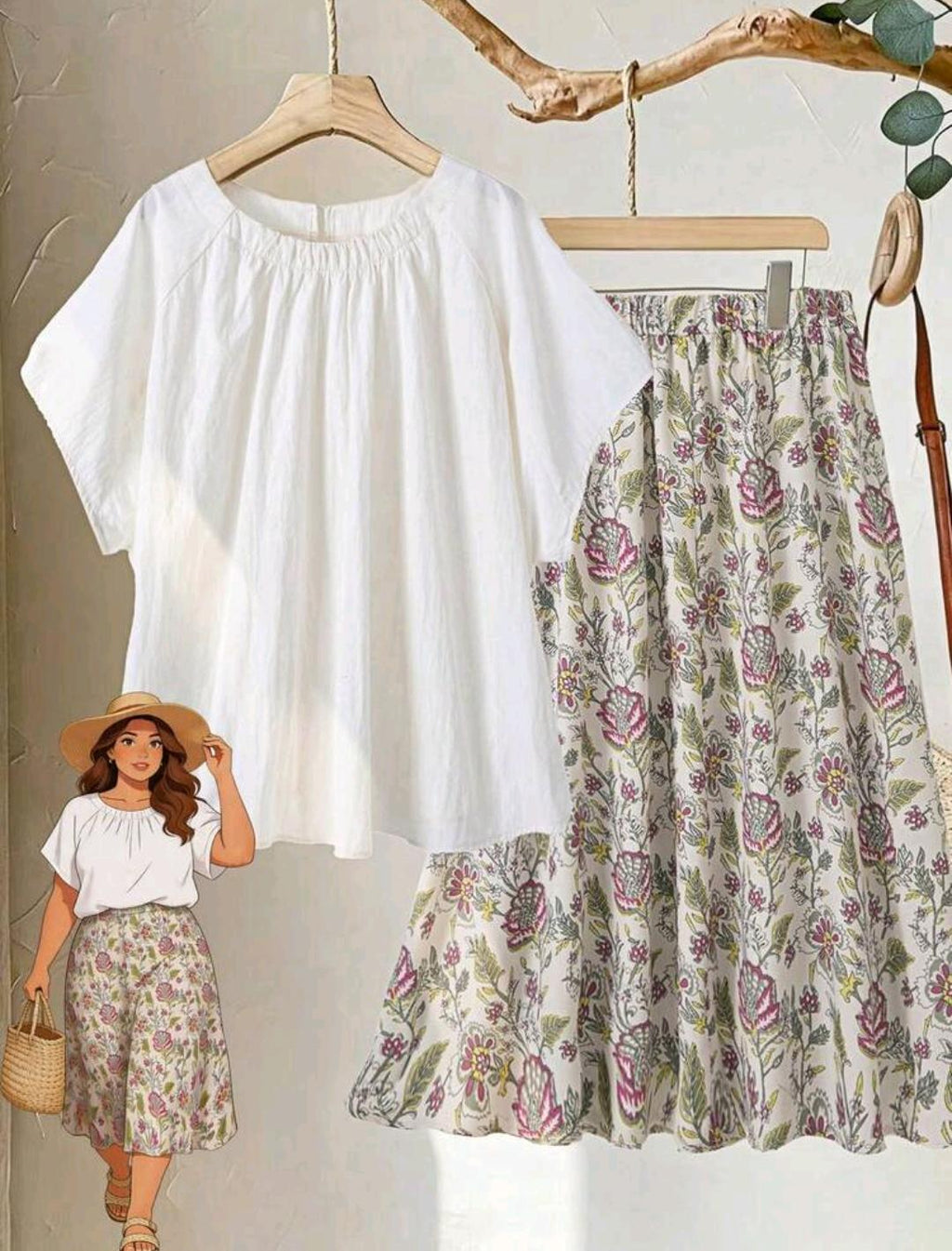 Conjunto de 2 piezas para mujer talla grande, top suelto color crema, estilo boho y falda con estampado floral, para verano, despedida de soltera, vacaciones, picnic, días festivos, atuendo casual y modesto