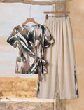 Rusticease Conjunto de 2 piezas de camisa con lazo y pantalones casuales de verano para mujer