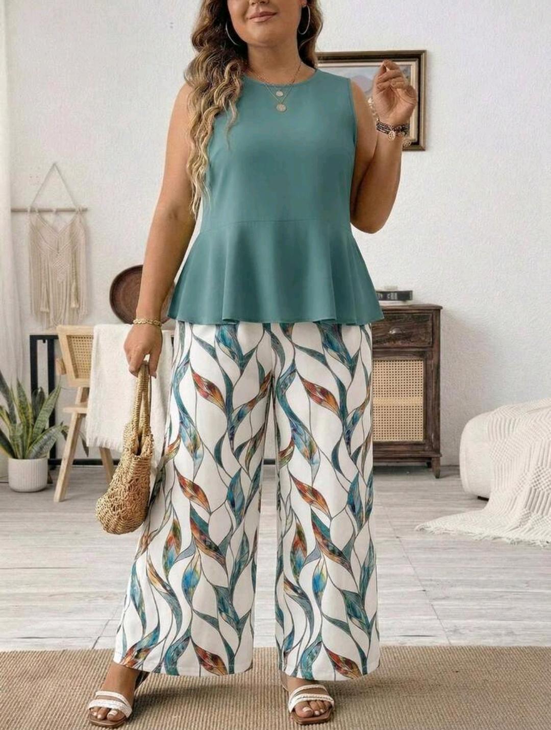 SHEIN LUNE 2 piezas/Set top de cuello redondo+pantalones rectos sueltos para mujer talla grande, estampado geométrico abstracto casual.