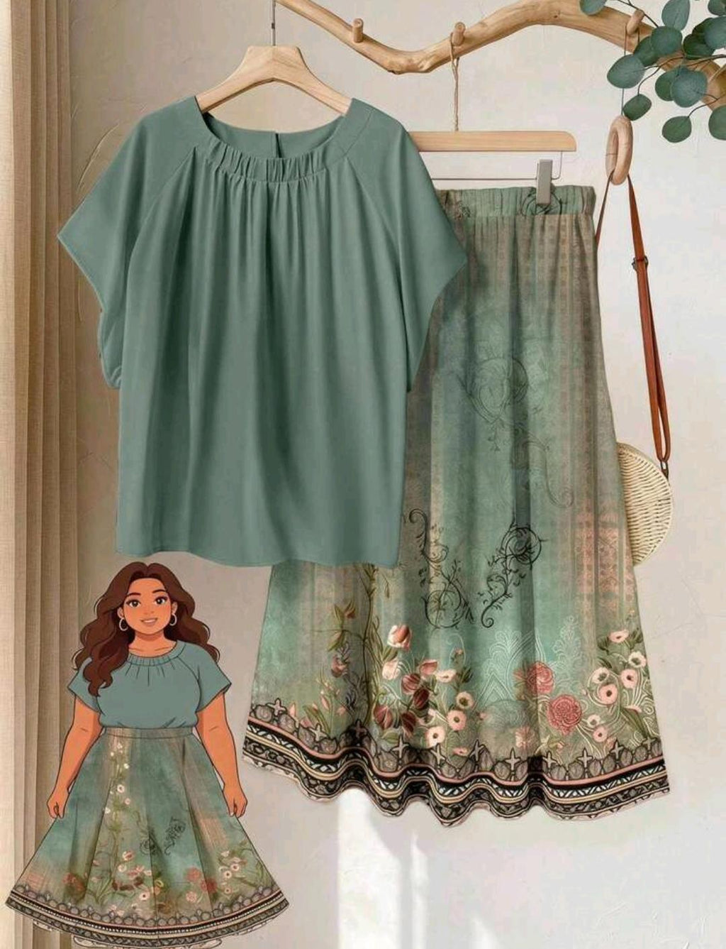 Rusticease Conjunto de 2 piezas de talla grande con blusa unicolor casual y falda con estampado floral.