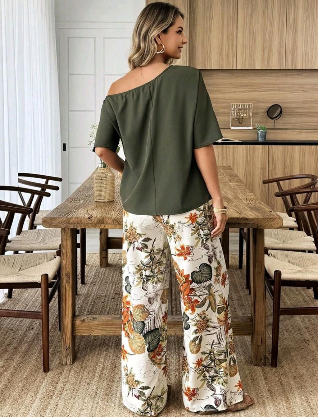 Conjunto casual de 2 piezas para vacaciones con top de hombro asimétrico con estampado de hojas y pantalones de pierna recta, primavera/verano, para mujeres petite