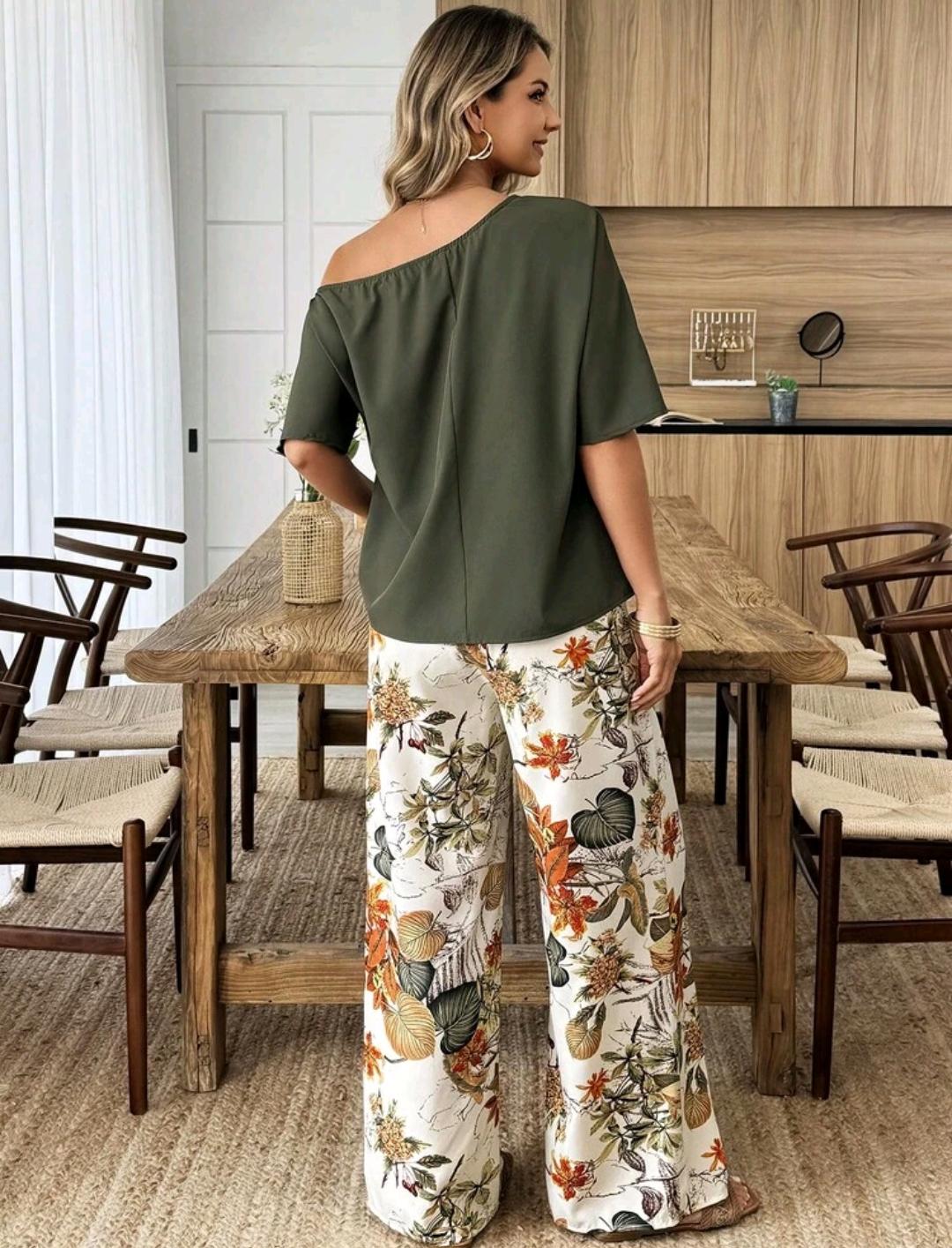Conjunto casual de 2 piezas para vacaciones con top de hombro asimétrico con estampado de hojas y pantalones de pierna recta, primavera/verano, para mujeres petite
