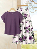 Rusticease 2 piezas Conjunto de top casual de unicolor + falda estampada, ideal para vacaciones y reuniones especiales.