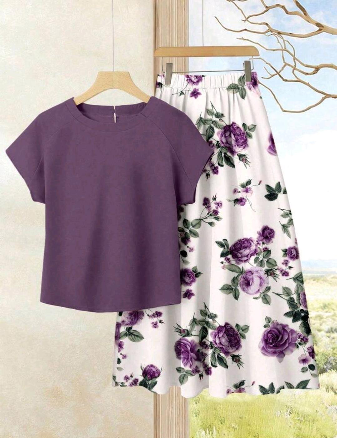 Rusticease 2 piezas Conjunto de top casual de unicolor + falda estampada, ideal para vacaciones y reuniones especiales.