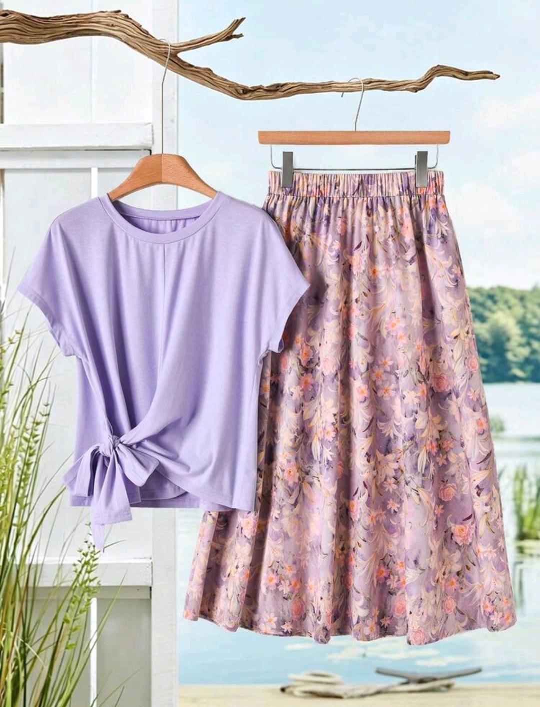 Rusticease Conjunto de 2 piezas para mujer: top de manga corta de unicolor & falda estampada