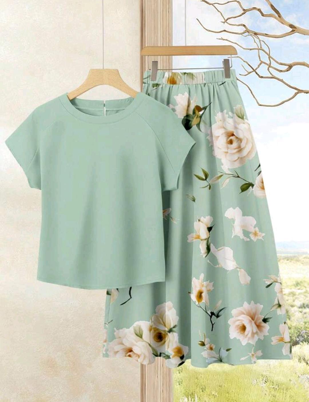 Rusticease 2 piezas Conjunto casual de verano para mujer con parte superior de unicolor + falda estampada.