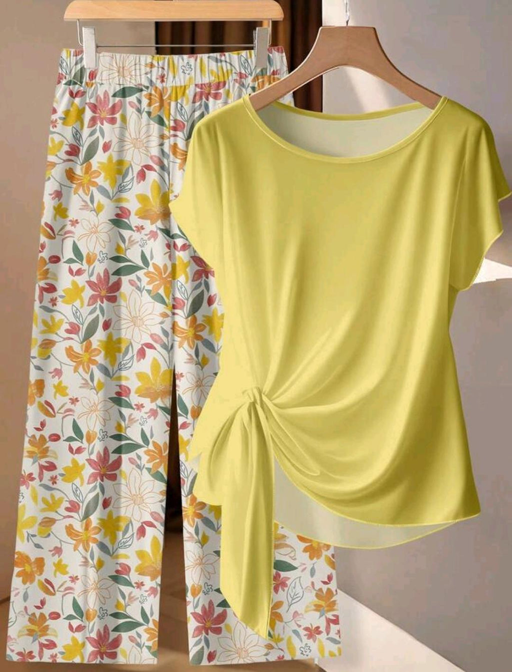 Conjunto de 2 piezas de blusa estampada y pantalones de pierna ancha con cintura de lazo para mujer